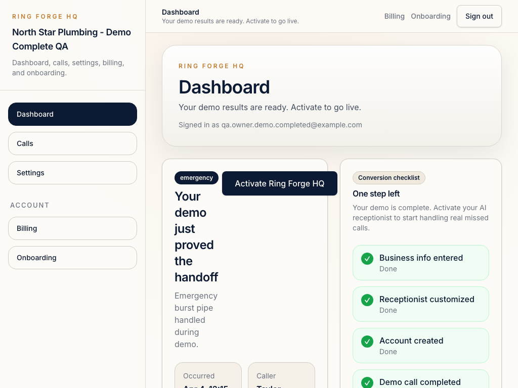 Ring Forge dashboard showing recent calls and lead details